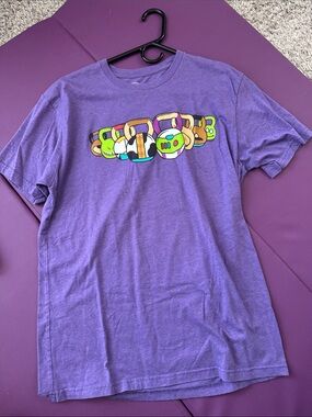 Purple Short-Sleeve Graphic Tee with Colorful Character Icons